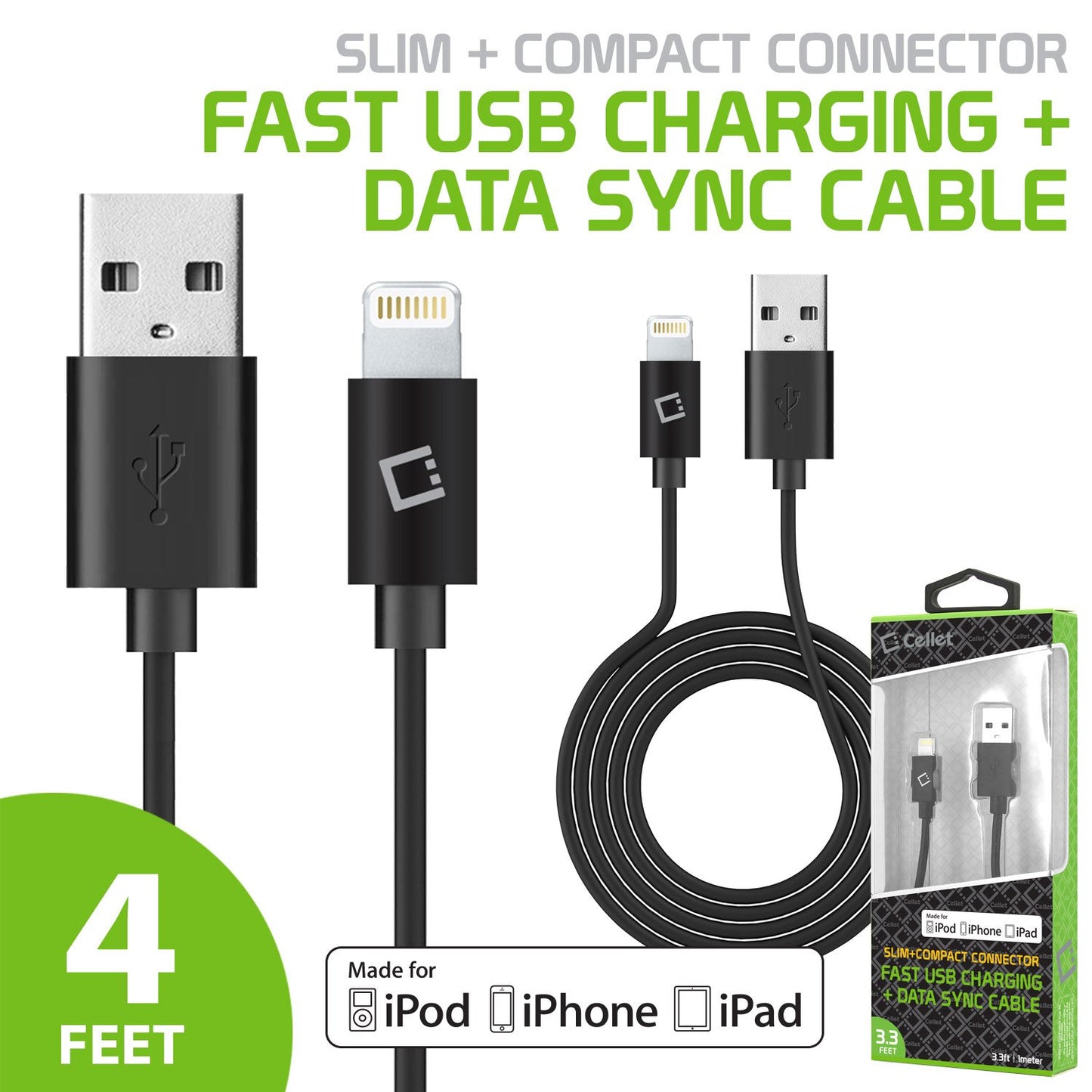 Cellet Apple Certified Lightning Cable Compatible for Apple iPhone Xs/Xs Max/Xr/X/SE/8/7/6/5 iPad/Pro/Air/Mini, iPod, Touch - 1 Meter (3.3 feet) Black