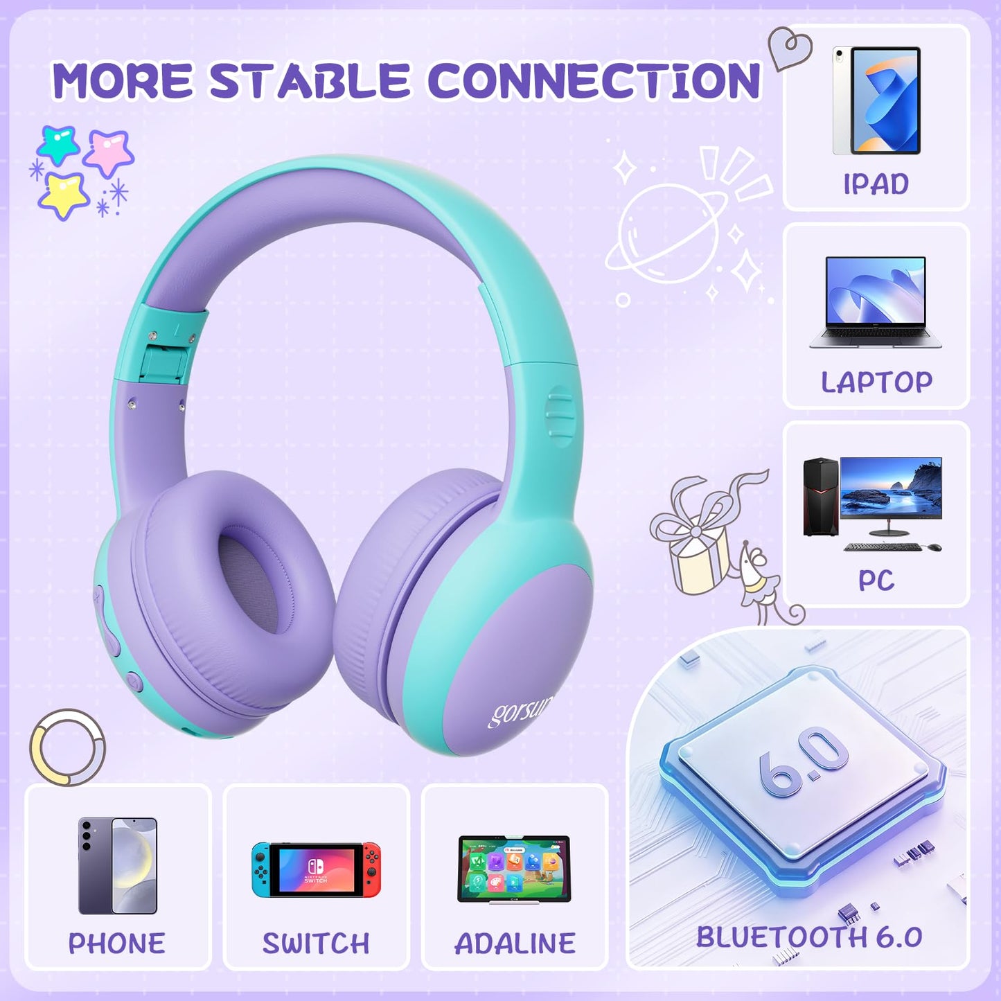 gorsun Kids Bluetooth Headphones, Over-Ear Toddler Headphones with Microphone, 85dB/94dB Volume Limited, 68H Playtime, Bluetooth 6.0, Portable Kids…