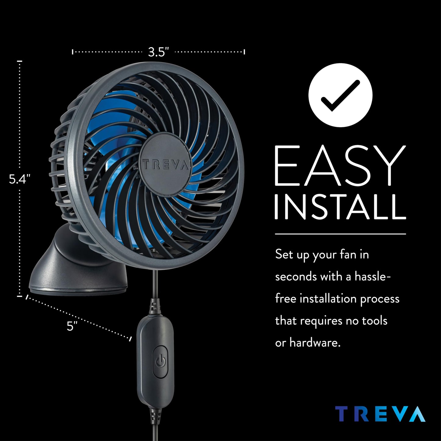 Treva 3.5 in USB Fan with Suction Cup 3-Speed Attachable Car Fan Black
