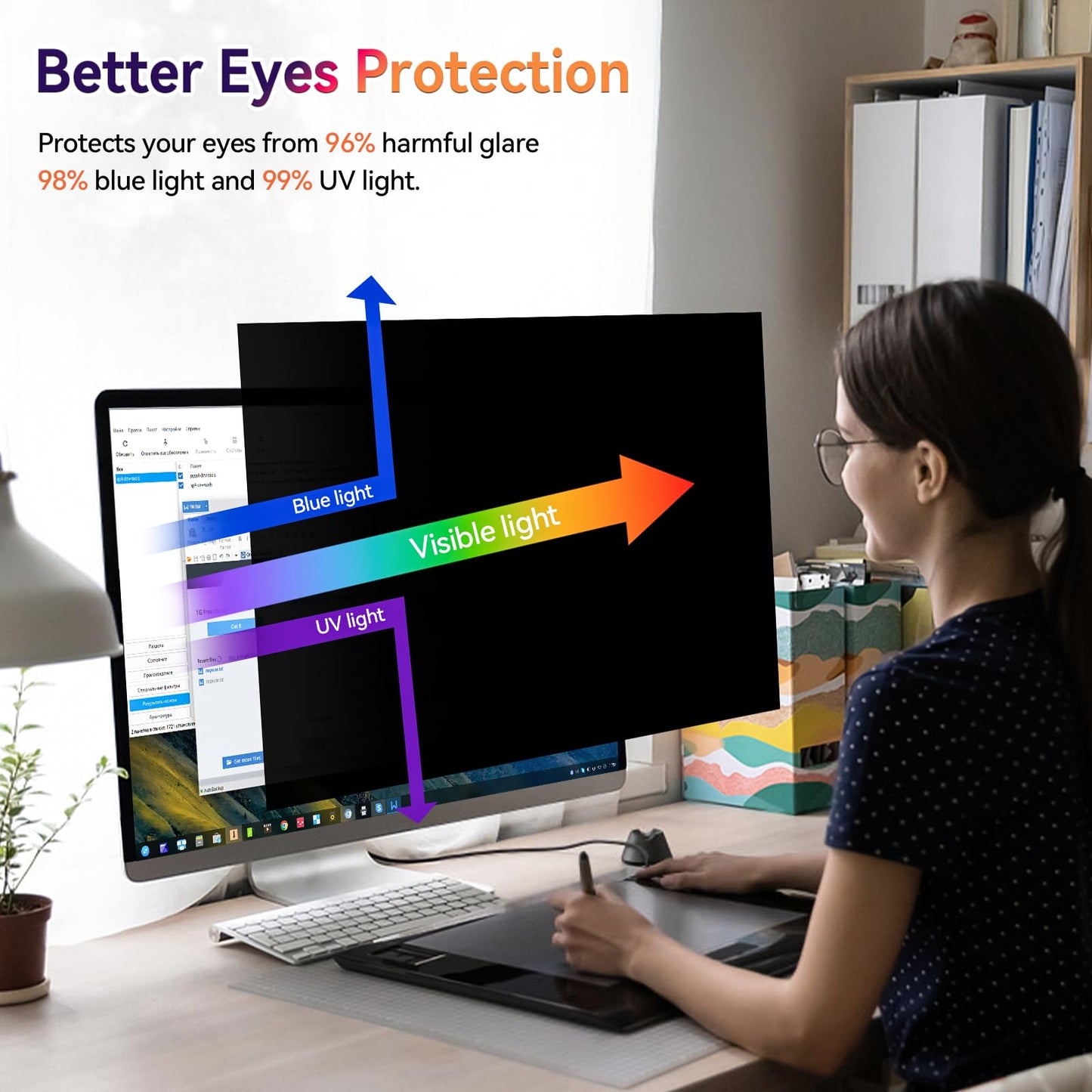 [2026 New] 32 inch Computer Privacy Screen Filter for 16:9 Widescreen Monitor - Fits Flat & Curved Screens, Removable Anti Glare Blue Light Eye