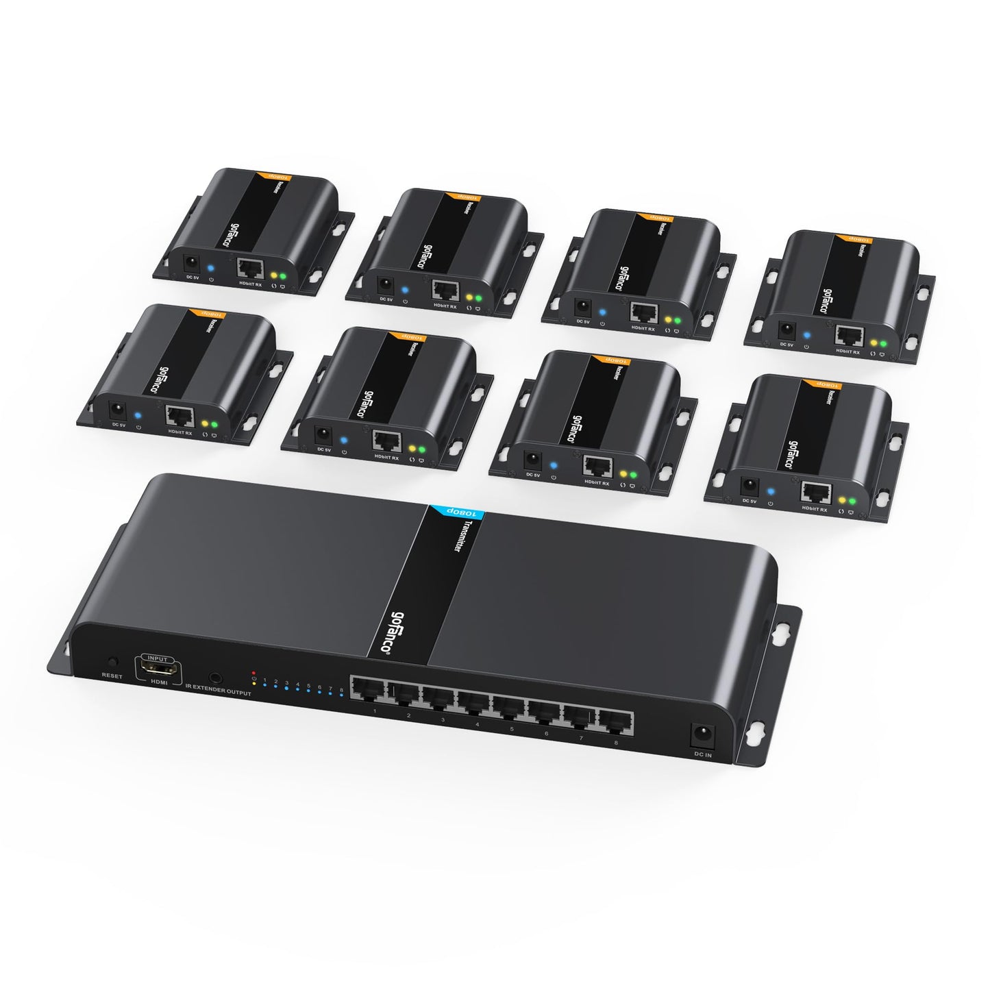 gofanco 1080p 1x8 HDMI Extender Splitter Over IP Kit -395ft/120m, Direct Connection (TX to RXs) Over CAT5e/CAT6, Over 1G Gigabit Ethernet Switch