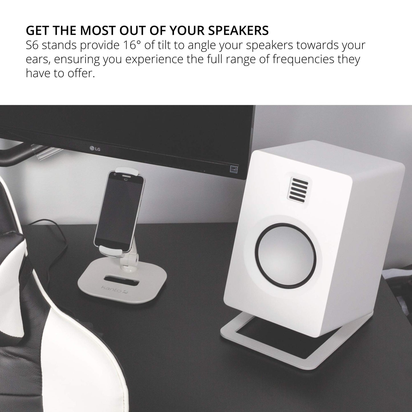 Kanto S6W Tilted Desktop Speaker Stands for Large Bookshelf Speakers & Full-Size 5”-7” Studio Monitors | Supports 20 lbs | Damping Foam Padding |