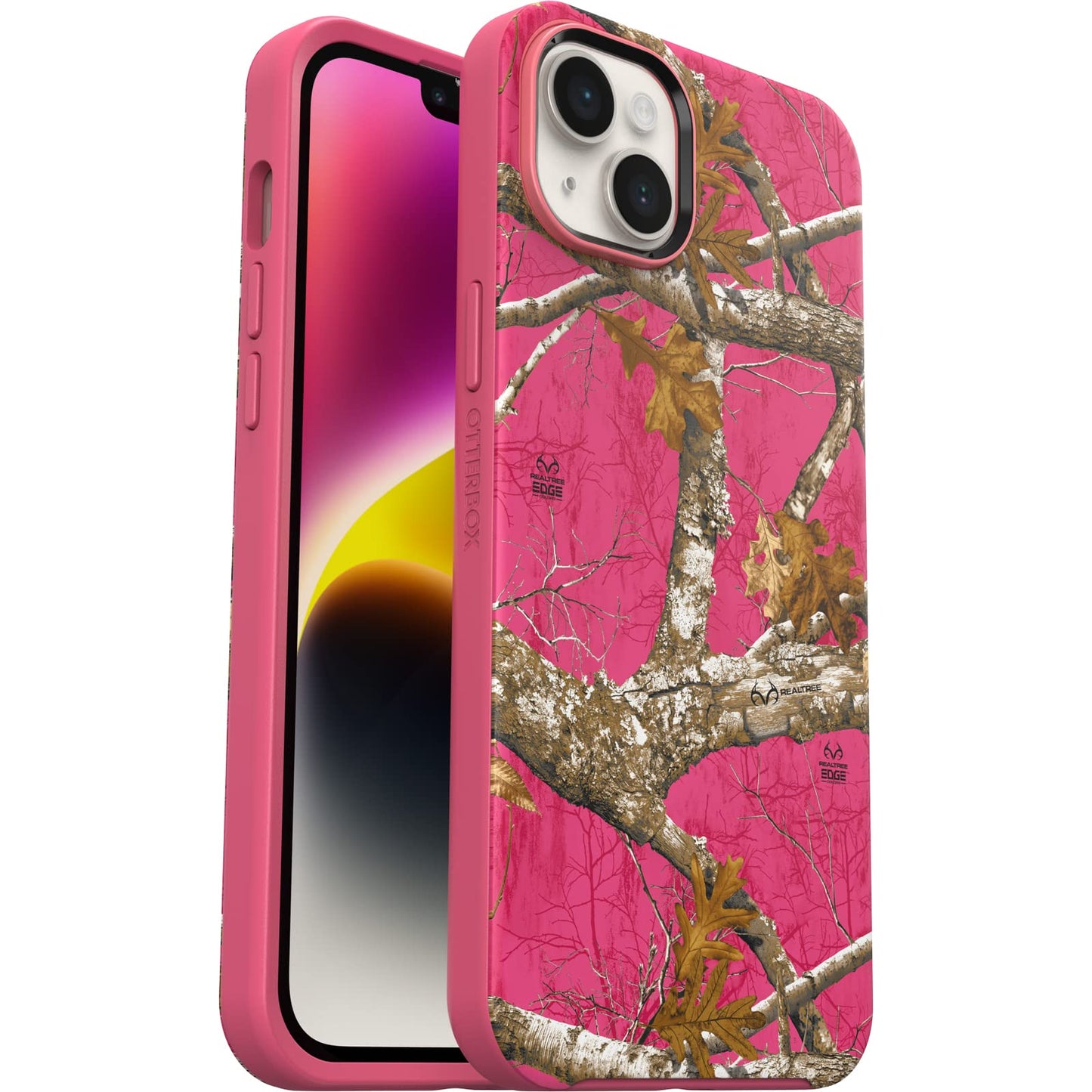 OtterBox iPhone 14 Plus Symmetry Series+ Case - REALTREE FLAMINGO PINK (Camo), ultra-sleek, snaps to MagSafe, raised edges protect camera & screen