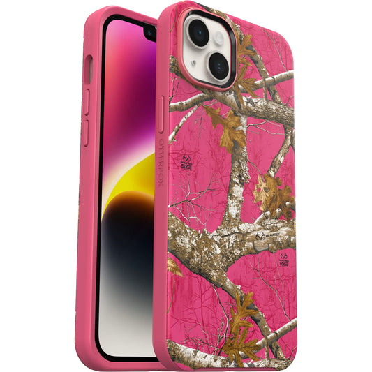 OtterBox iPhone 14 Plus Symmetry Series+ Case - REALTREE FLAMINGO PINK (Camo), ultra-sleek, snaps to MagSafe, raised edges protect camera & screen