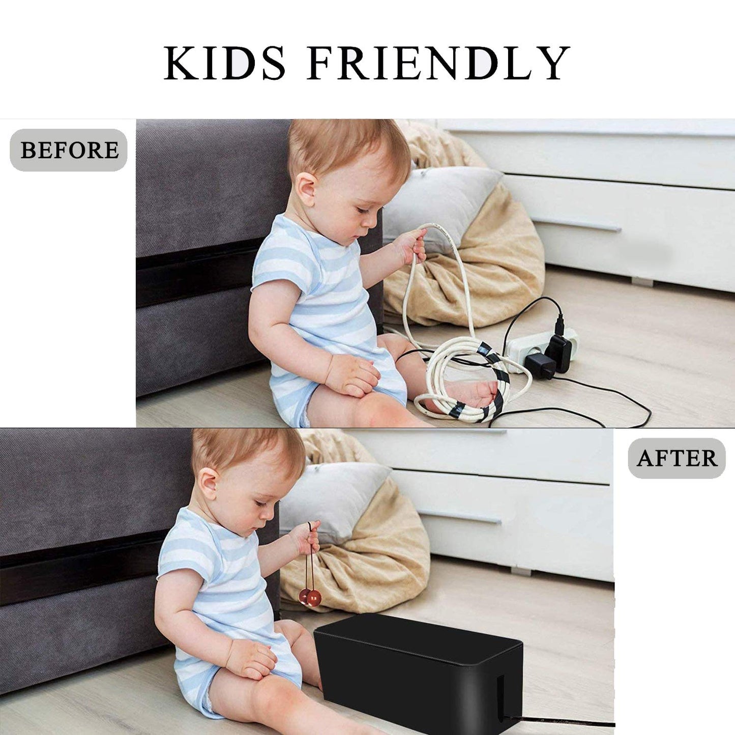 [Set of 3] 3 Cable Management Boxes + 3 Wire Ties, Large Cord Box Organizers to Hold and Hide Power Strip Charger Adapter Power Cord Charging Station