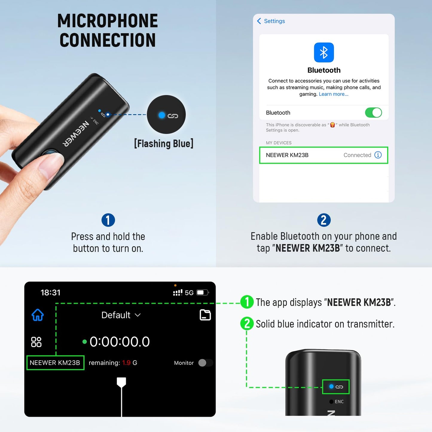 NEEWER KM23B Wireless Lavalier Microphone Bluetooth App Control, Compatible with iPhone Android Phone 8Hrs Battery Vocal Enhancement Noise