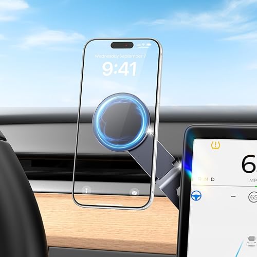 Kaisepoch Tesla Phone Mount for Magsafe: Tesla Car Phone Holder for Tesla Model 3/Y Accessories ?Strongest N52 Magnet + 360° Adjustable? Foldable