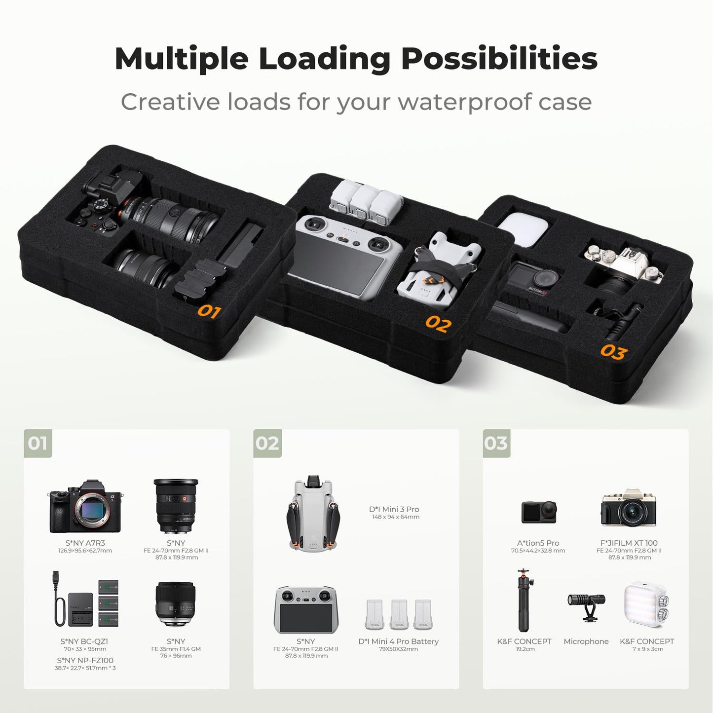 K&F CONCEPT Waterproof Hard Case, Portable Protective Camera Case, Customizable Foam Case Fit Use of Camera, Drones, Equipments -13.5x11.4x5.3inch