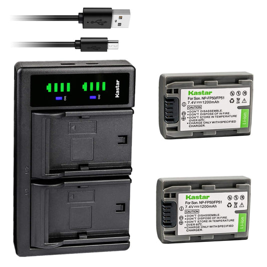 Kastar 2Pcs Battery and Charger Replacement for Sony NP-FP30 NP-FP50 NP-FP70 NP-FP90 DCR-DVD105 DCR-DVD202 DCR-DVD203 DCR-DVD205 DCR-DVD305 DCR-DVD403