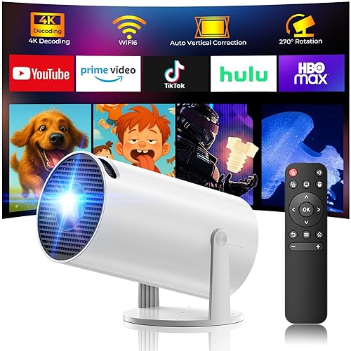 Mini Projector with WiFi and Bluetooth, 4K Projector, Portable Projector for Bedroom, Smart Projector of 270° Rotatable 130'' Projector Screen