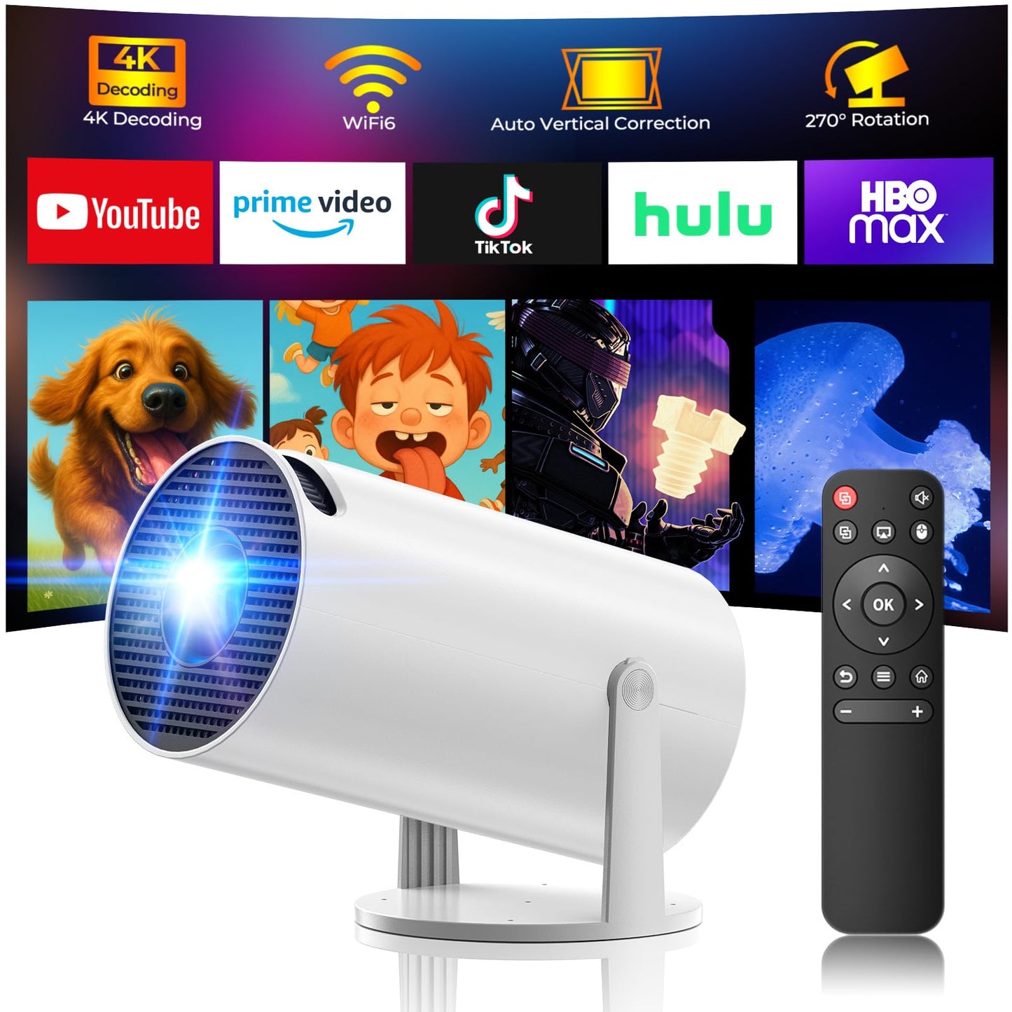 Mini Projector with WiFi and Bluetooth, 4K Projector, Portable Projector for Bedroom, Smart Projector of 270° Rotatable 130'' Projector Screen