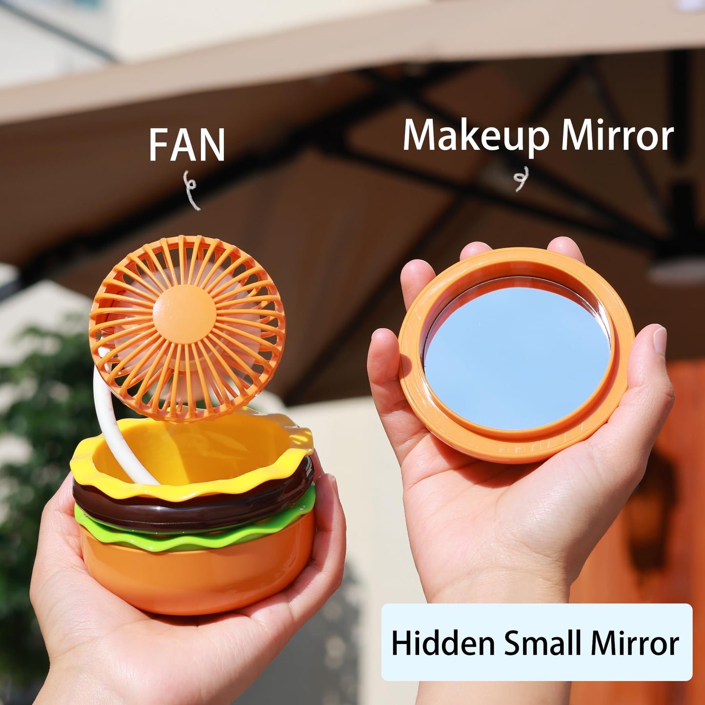ROROUP Rechargeable Hamburger Desk Fan With Mirror 3 Inch Small Mini Cute Desk Fan Powerful 3 Speeds 360° Rotate USB Personal Portable Desktop Table