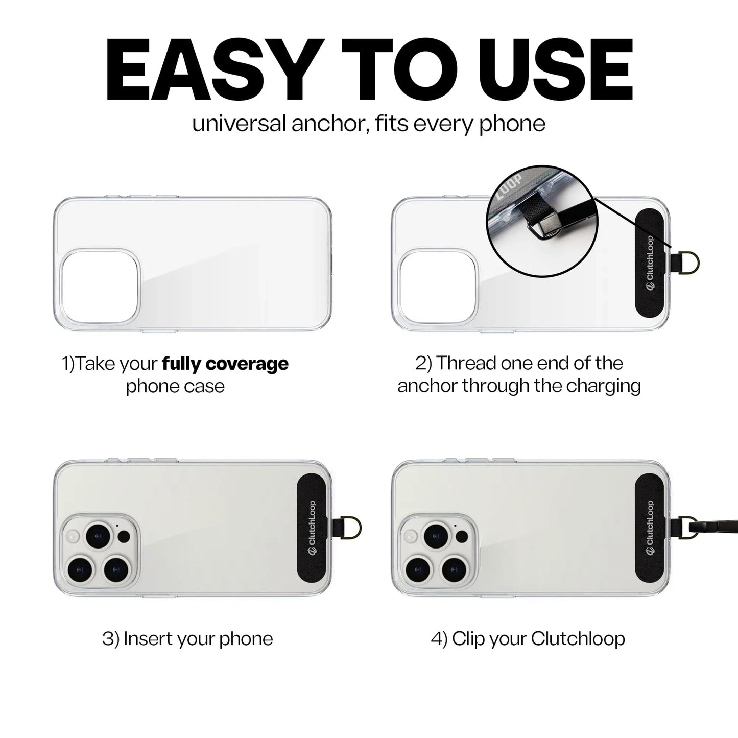 ClutchLoop Anchor-Universal Phone Tether Tab, Strong Cell Phone Lanyard Tab and Phone Strap Replacement (Midnight, 3 Pack)