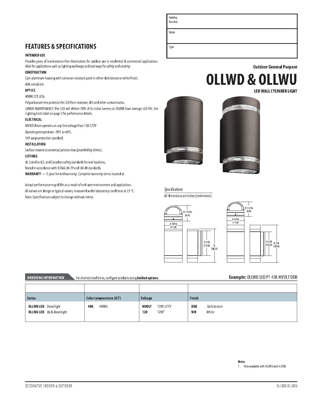 Lithonia Lighting OLLWD P1 40K MVOLT DDB M6 LED Outdoor Cylinder Downlight 4000K, 9W, Dark Bronze