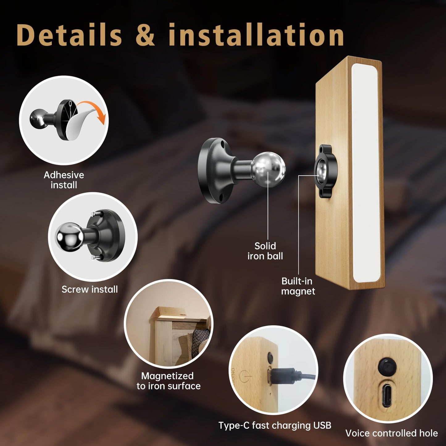 Wood LED Wall Sconce Set of 2, Magnetic 360° Rotate LED Wood Wall Lamps, Rechargeable Adhesive Wall Lights, Wireless Wall Sconces Dimmable with Voice