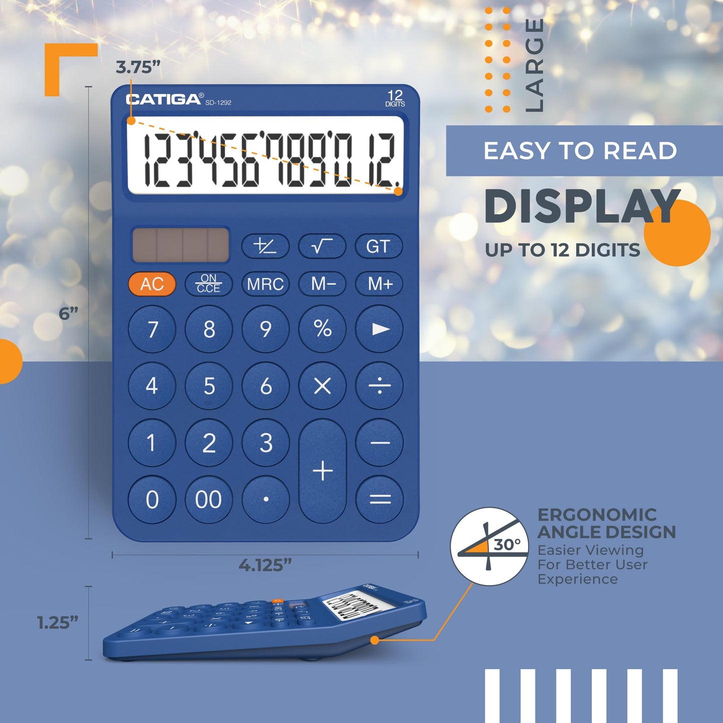 CATIGA 12 Digit Desktop Calculator Basic Desk Calculator with Large LCD Display, Big Buttons, 4 Function, Solar and Battery Dual Power, for Office