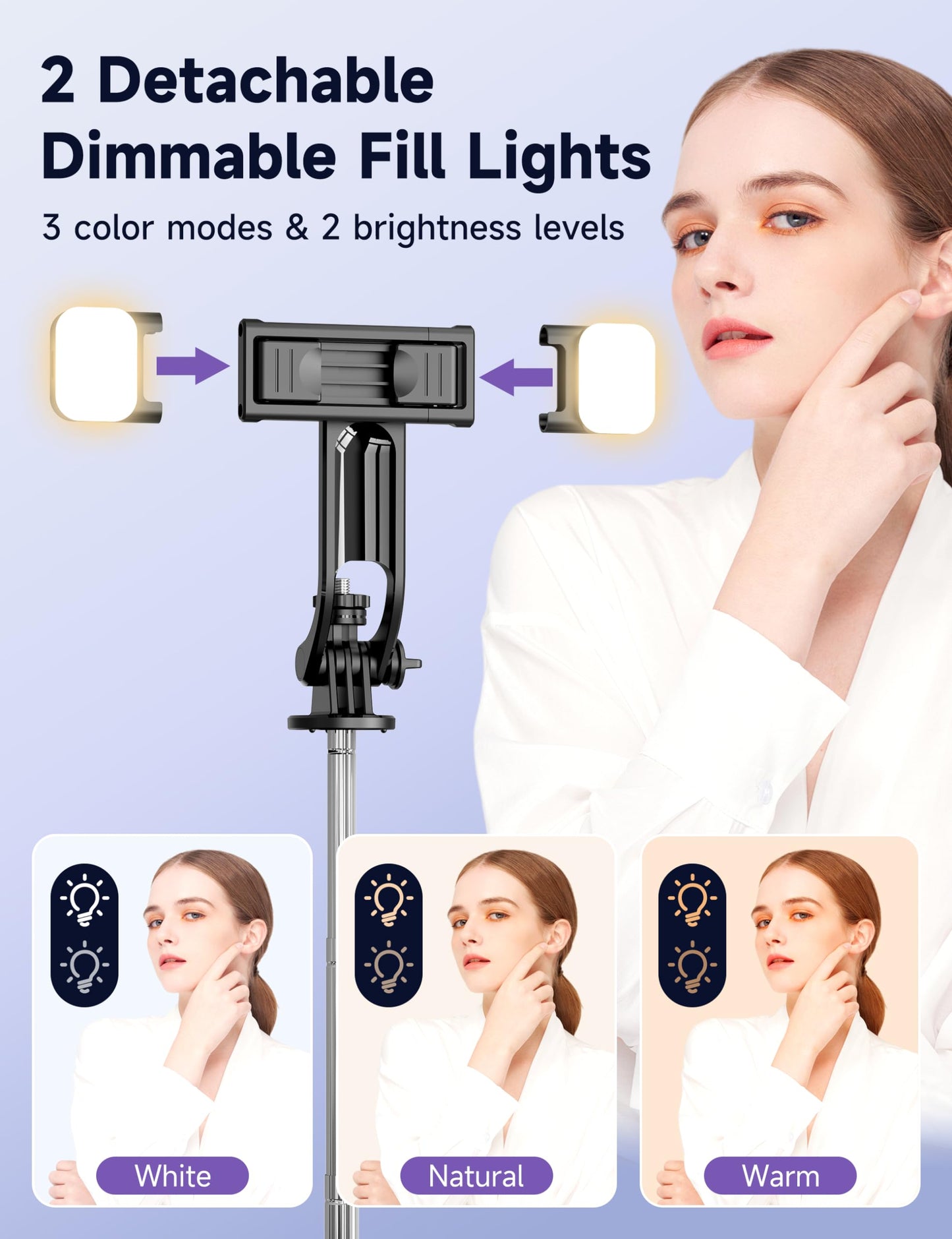 53'' Selfie Stick Tripod with Light, Extendable Selfie Stick with Remote, Portable Cell Phone Tripod Stand with All in 1 Phone Clip, Lightweight