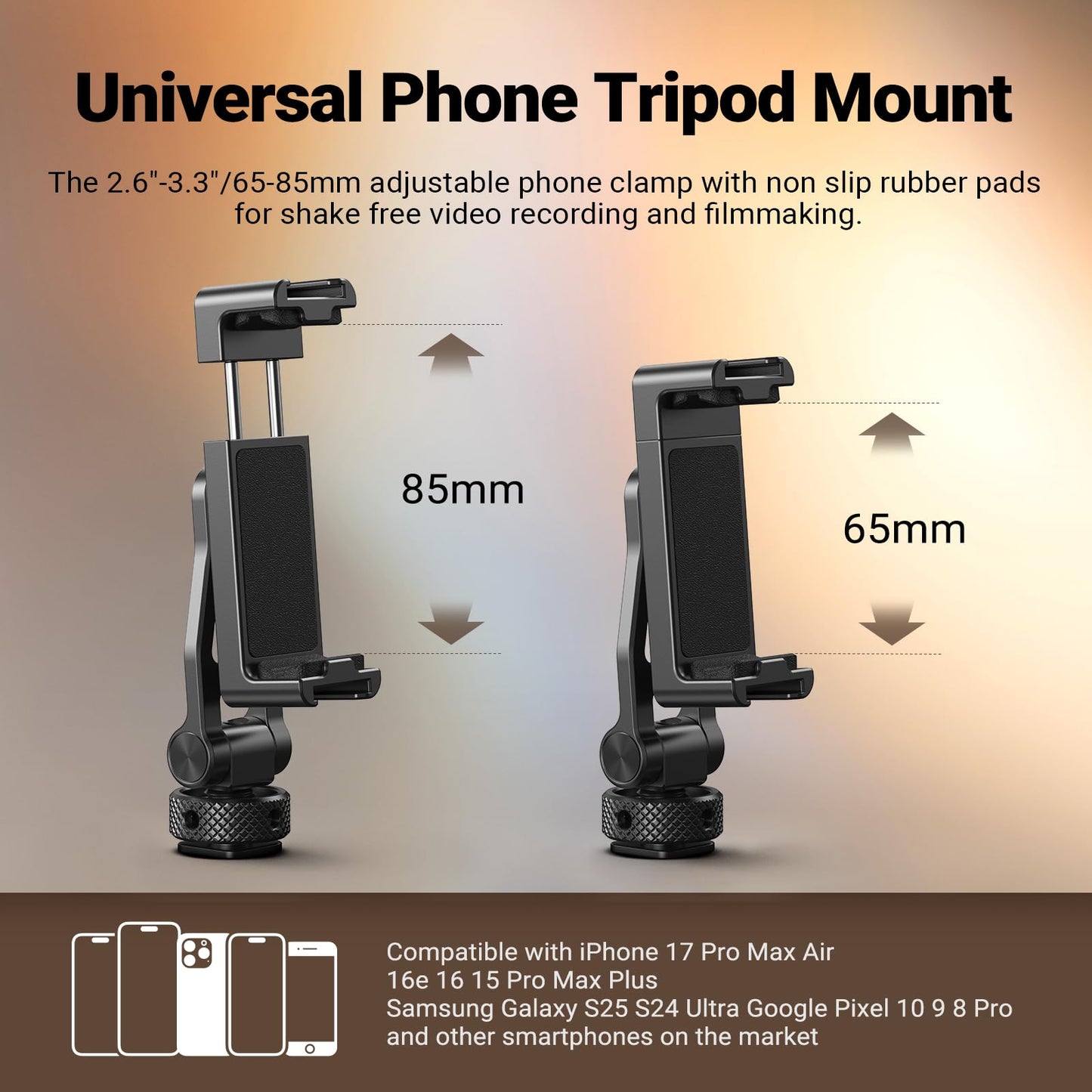 NEEWER Metal Phone Tripod Mount with Cold Shoes, 1/4" Thread, 180° Tilt, 360° Rotation, Adjustable Phone Clamp Holder Compatible with iPhone 17 Pro