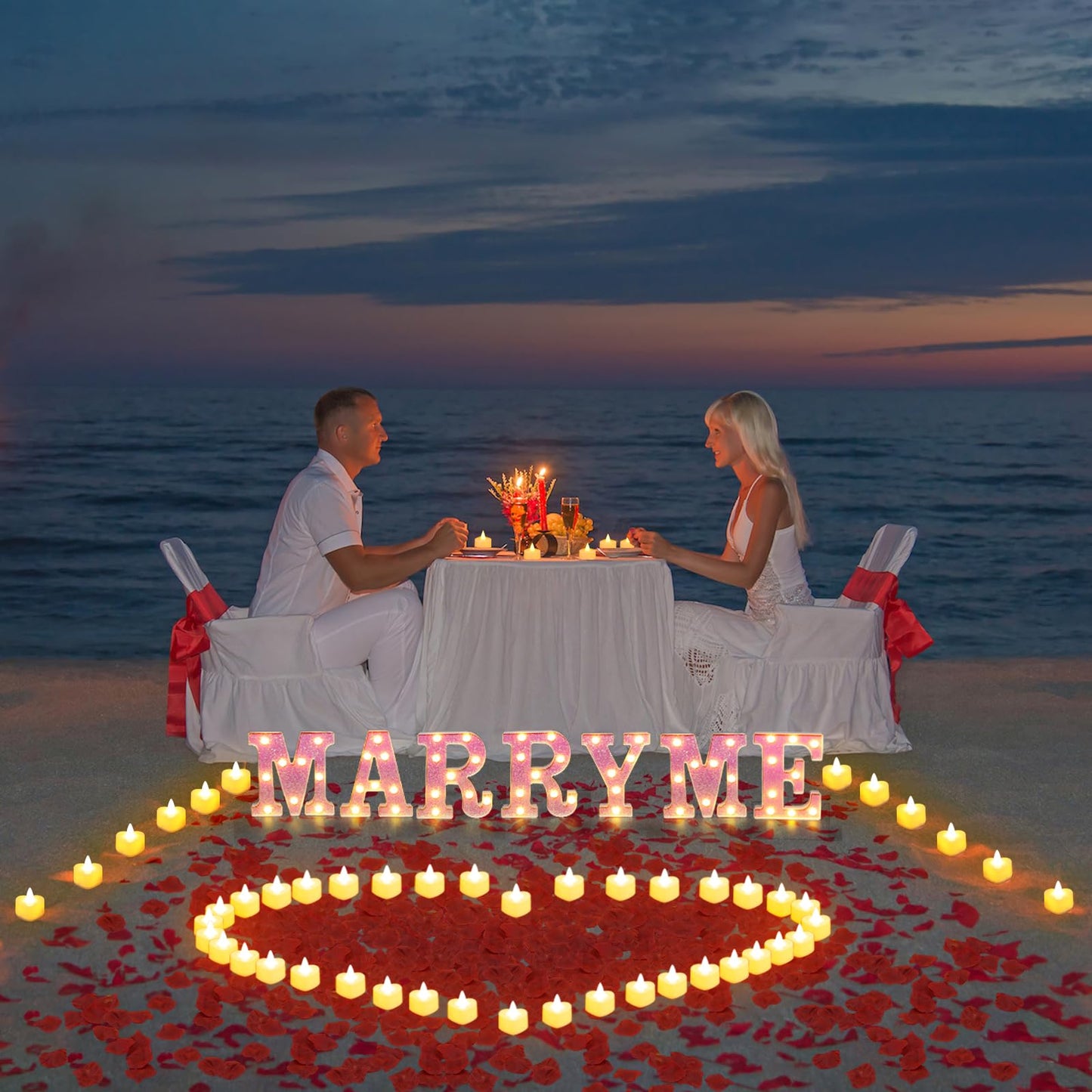 LAMATY Pink Marry Me Light Up Letters Proposal Decorations, 2031 Pcs Marry Me Sign with 24 Pcs Heart Flameless Candles 2000 Pcs Rose Petals