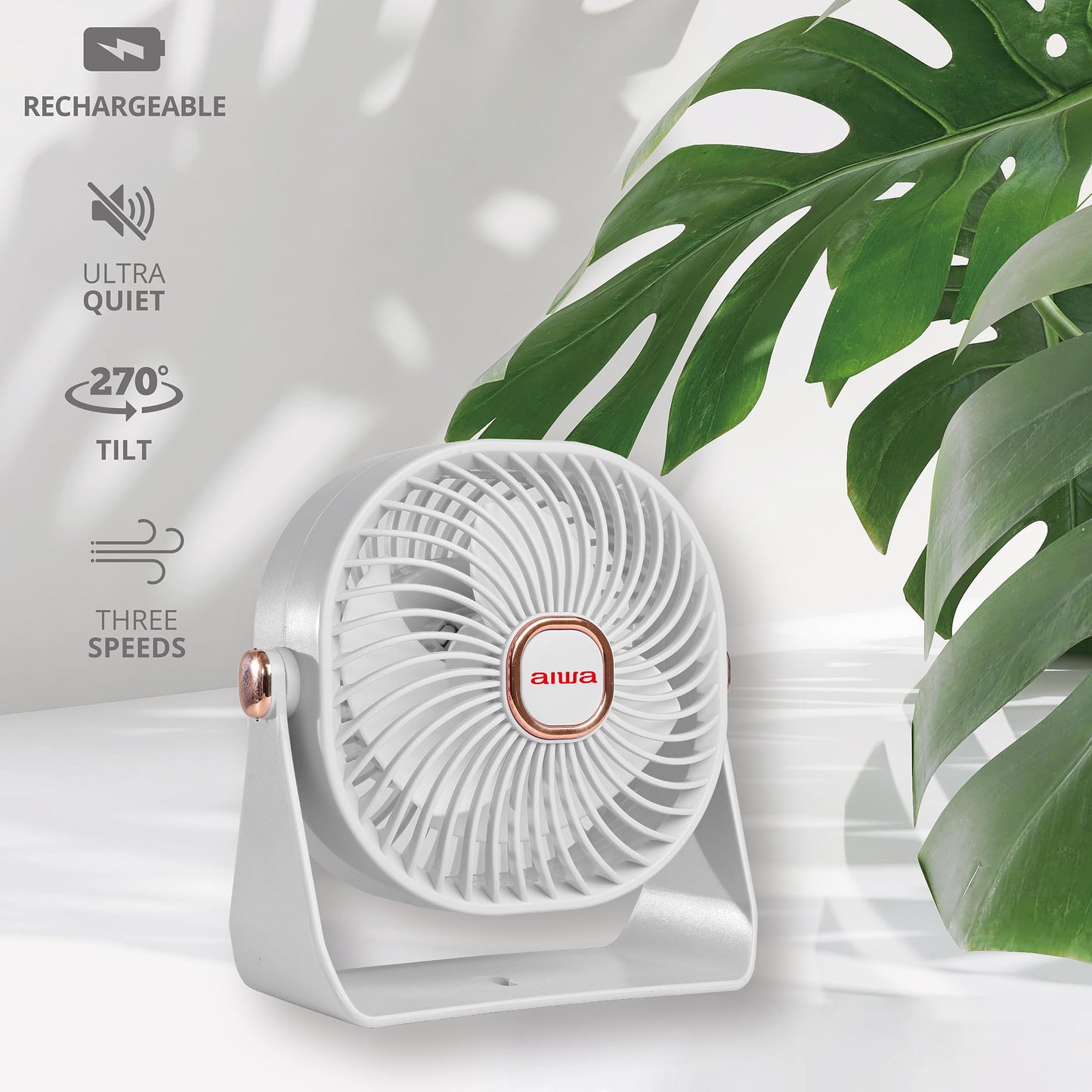 Aiwa Desk Fan, USB-C Rechargeable Mini 4” Desk Fan, Ultra-Powerful, 3 Speed, 270° Head Rotation, Personal Desktop Fan of Office Home & Car, 80 Minutes