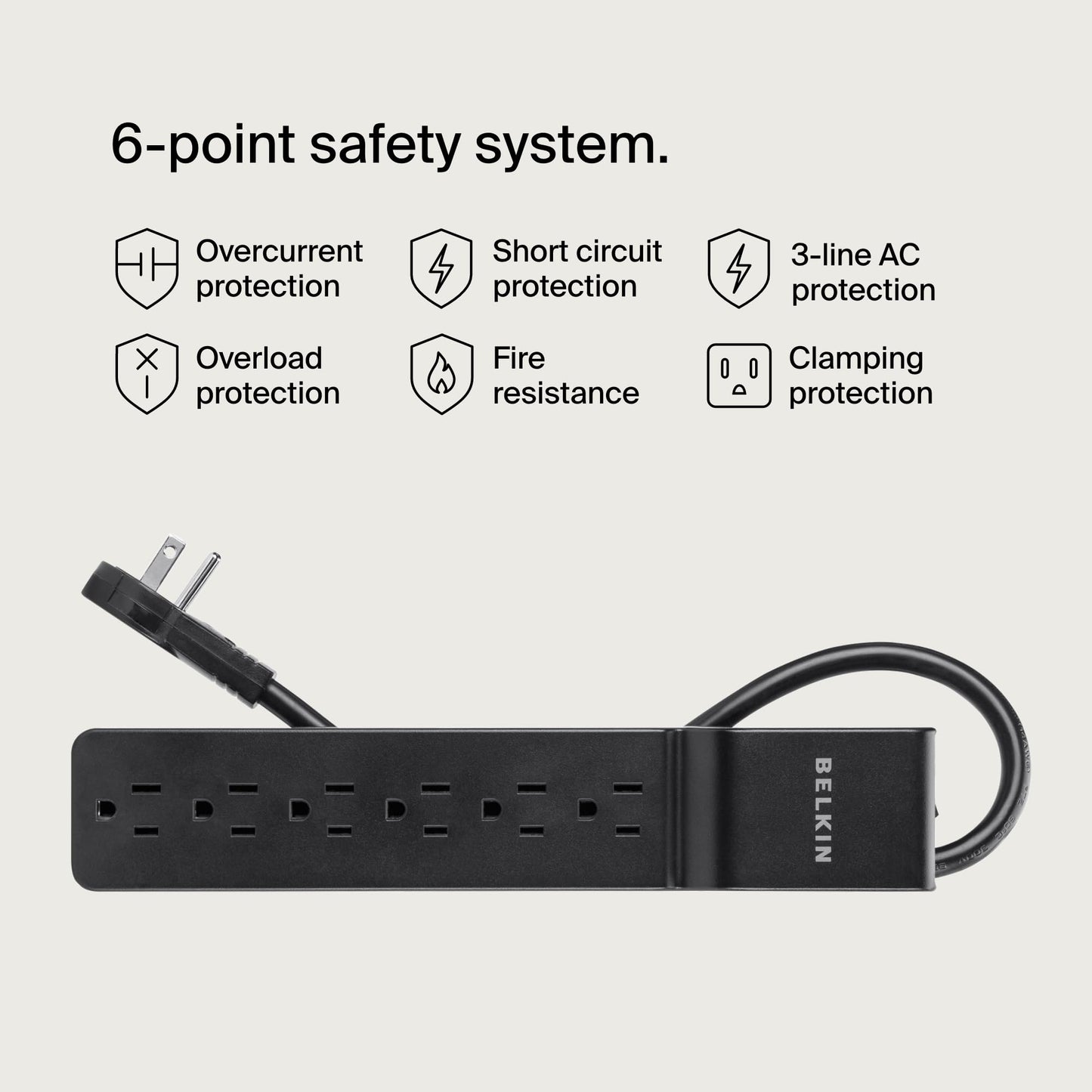 Belkin Surge Protector Power Strip with 6 AC Outlets, 6ft/1.8M Long Heavy-Duty Extension Cord, & 360-Degree Rotating AC Plug for Conference Rooms