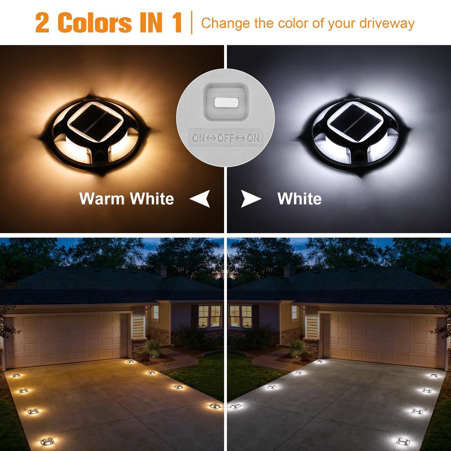 VOLISUN Solar Driveway Lights Dock Marine Lights 4 Pack,2 Colors in 1,Outdoor IP67 LED Deck Light,Solar Powered Waterproof Warning Step Light