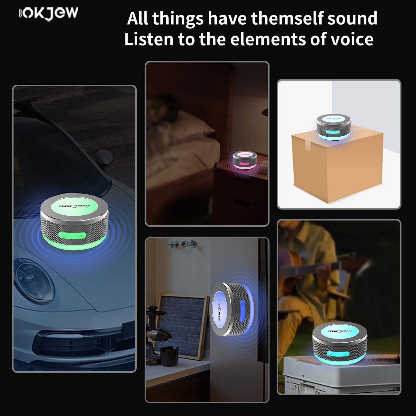 Okjew Bone Conduction Bluetooth Speaker with Colorful LED Breathing Lights, Portable Surface-Vibration Speaker, 360° Surround Sound for Home, Outdoor