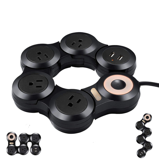 CORATED Flexible Power Strip Surge Protector with 2 USB Ports and 4 Outlets for Home, Office and Travel (9Ft Long Cord, Black)
