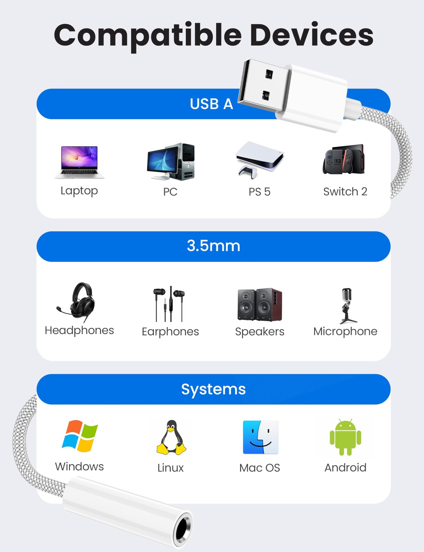 Fidioto USB to Audio Jack Adapter, USB to 3.5mm Jack Audio Adapter Headset TRRS 4-Pole Female,USBA to Aux Cable External Stereo Sound Card