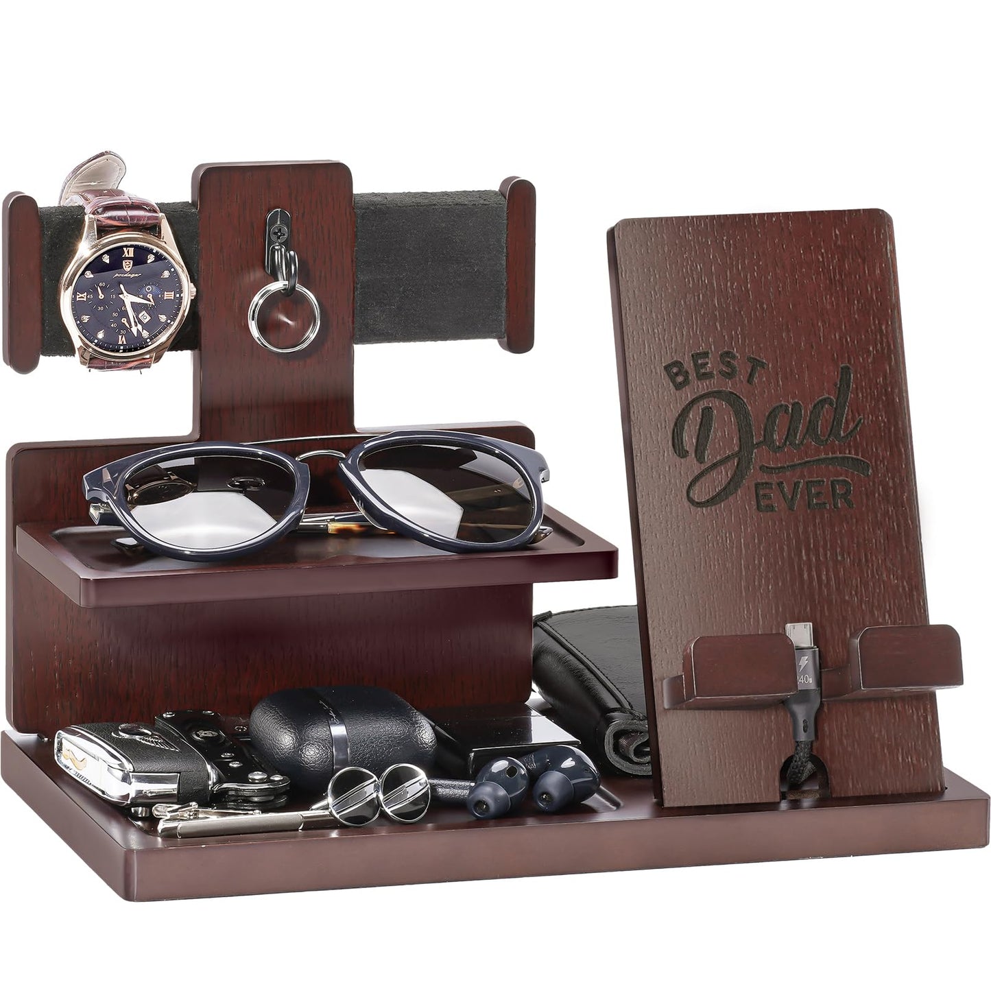 ProCase Gifts for Dad, Wood Phone Docking Station for Men, Dad Gifts From Daughter Son, Mens Nightstand Organizer, Anniversary Birthday Gifts for Dad