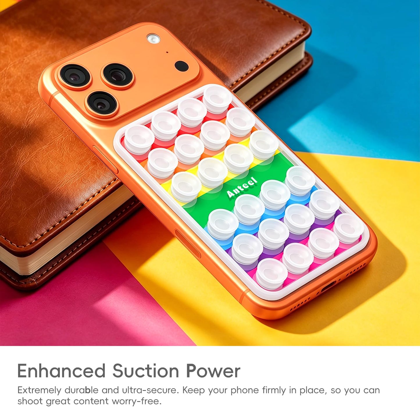 Anteel Rainbow - OG Silicone Suction Cup Phone Adhesive Mount with Seven Colors - Hands-Free Sticky Phone Holder - Strong Suction Grip for Selfies