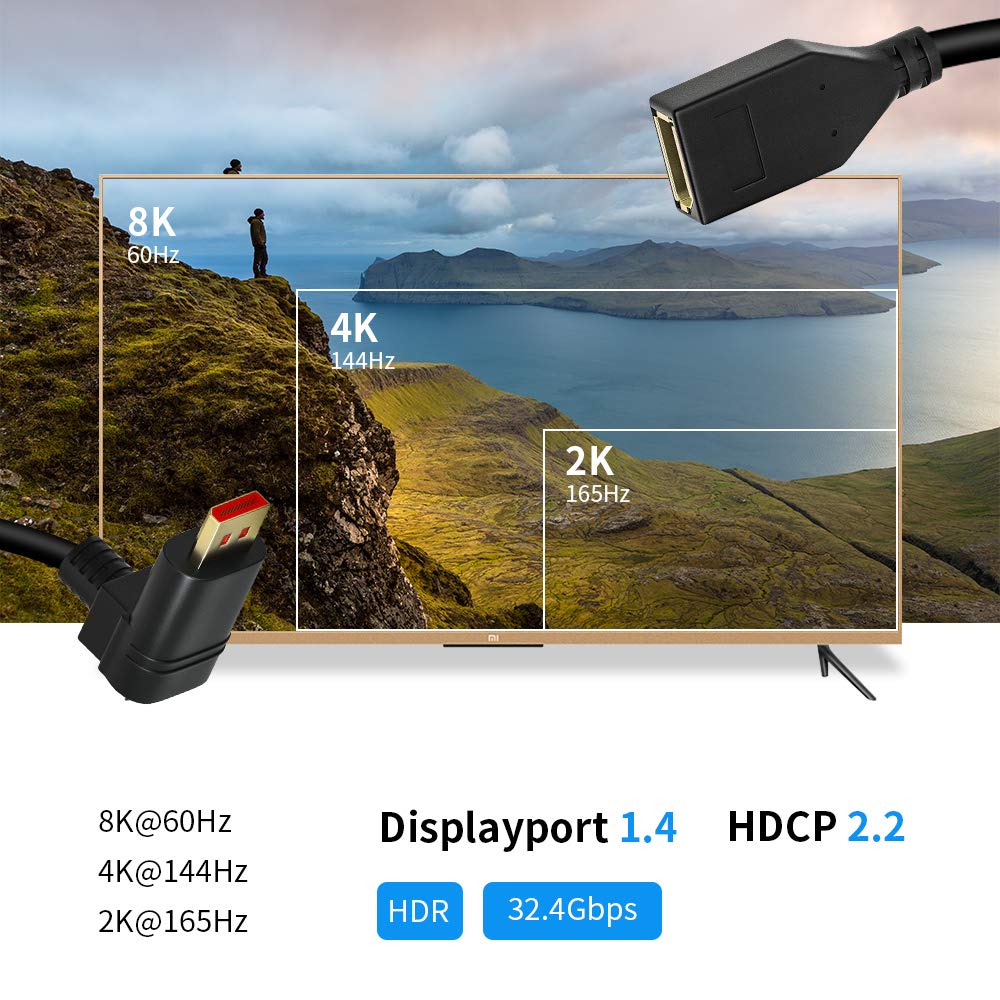 ALYYDBG 8K@60Hz 90 Degree Displayport 1.4 Extension Cable, Male to Female Right Angle DP 1.4 Cord Support 8k@60Hz, 4K@144hz 0.3M/1FT