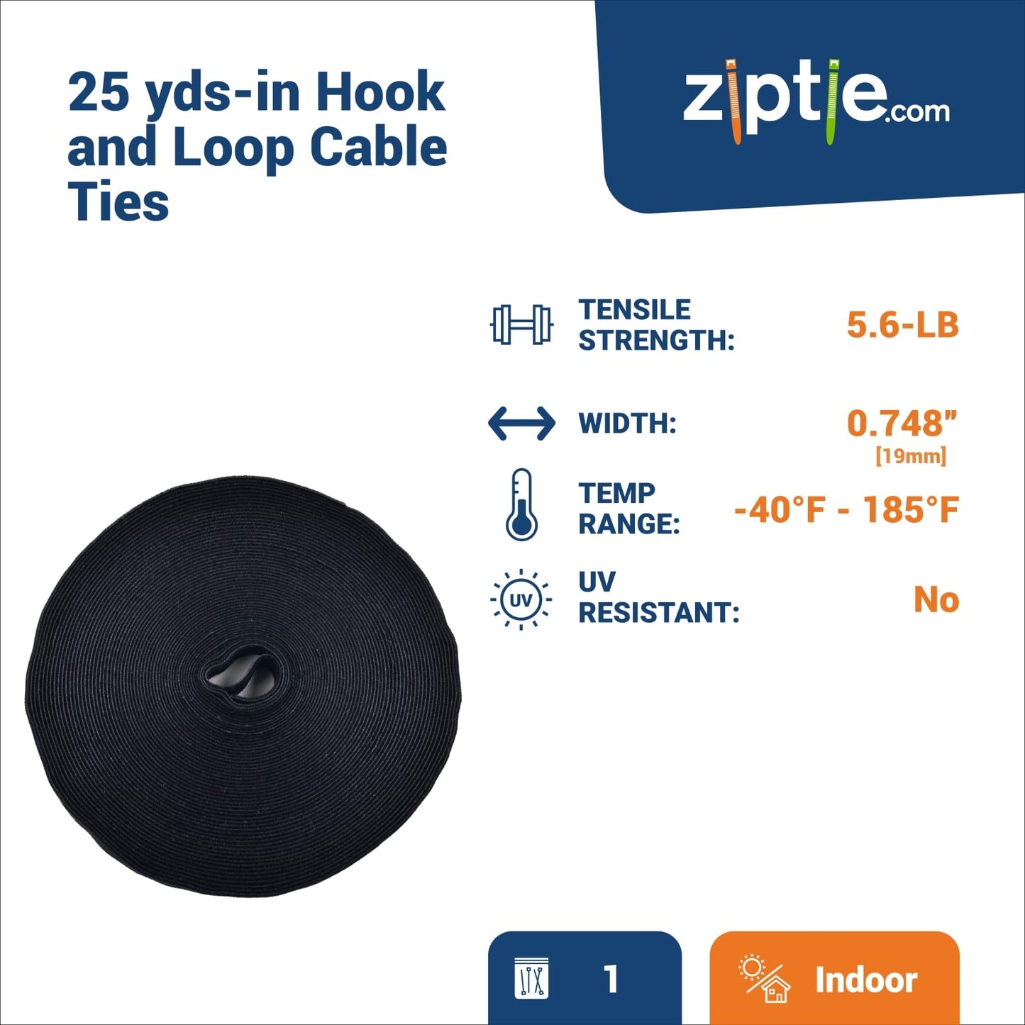ZipTie.com 3/4-inch Black Hook and Loop, 6-lb Tensile Strength, 25 Yards