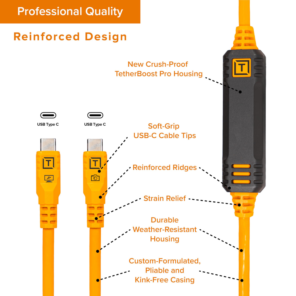 Tether Tools TetherPro Optima 10G USB-C Exclusive Data Transfer, 3’ (1m) Straight to Straight Cable - Orange