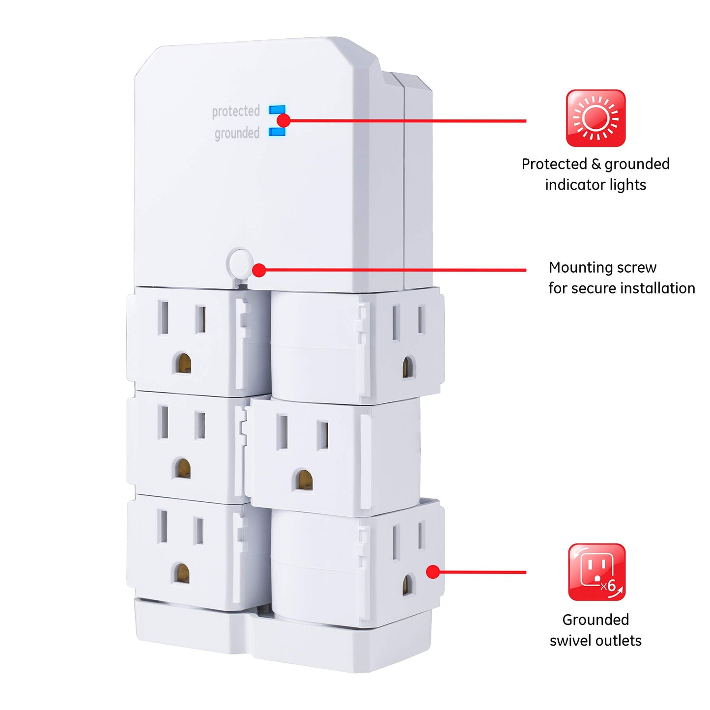 GE Pro 6-Outlet Surge Protector Tap with Swivel Outlets, White, 90 Degree Rotating Outlets, 1080 Joules, 37063