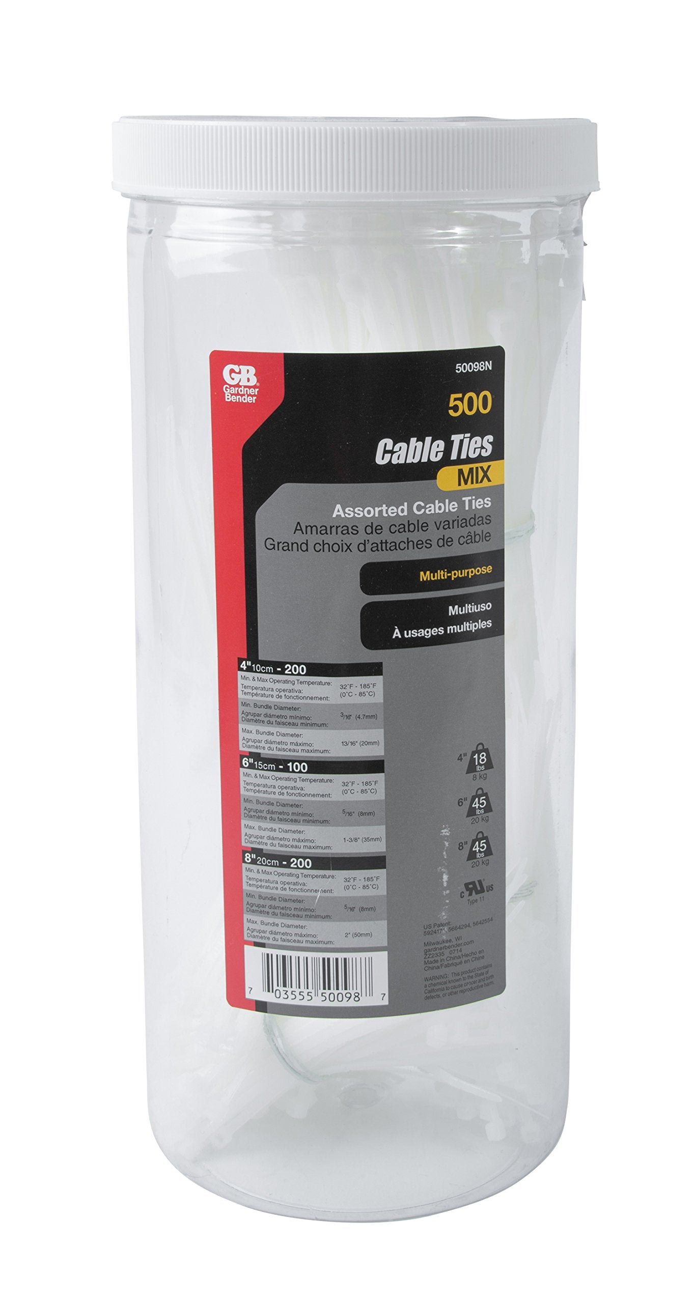 Gardner Bender 50098N Assorted Cable Ties, 4, 6, and 8 inch, 18 and 45 lb, Electrical Wire and Cord Management, Nylon Zip Tie, Reusable Container, 500