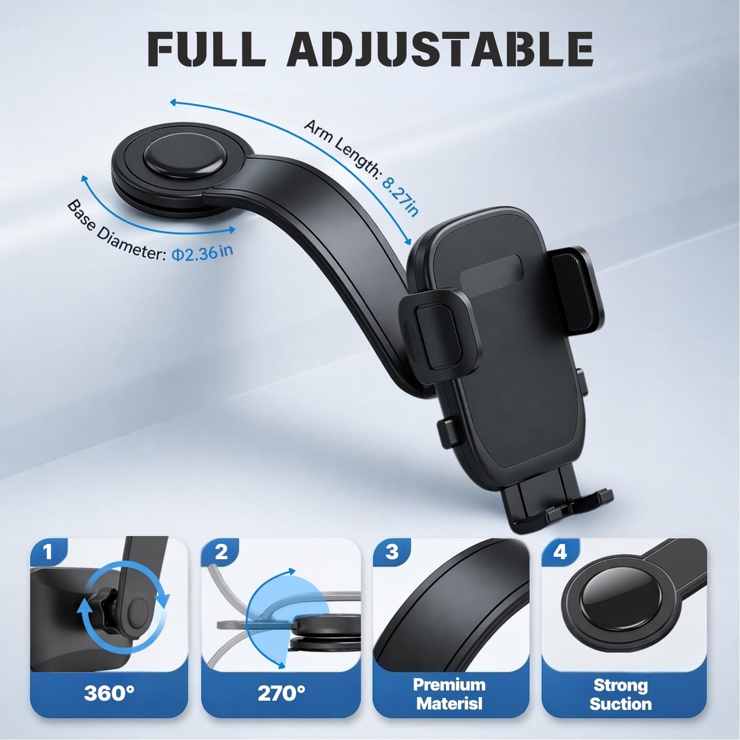 YUHENG Car Phone Holder for Dashboard, Bendable Aluminum Arm Phone Mount with One-Button Release Clamp, Dual 360° Adjustable Anti-Shake Holder