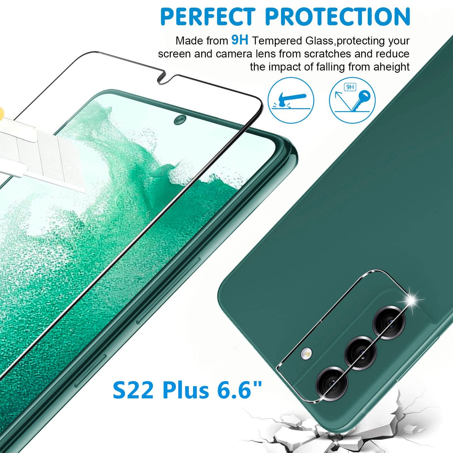 Arshek [3+3 Pack] Glass Screen Protector for Samsung Galaxy S22 Plus 5G, 9H Tempered Glass, Ultrasonic Fingerprint Compatible,HD Clear Case Friendly