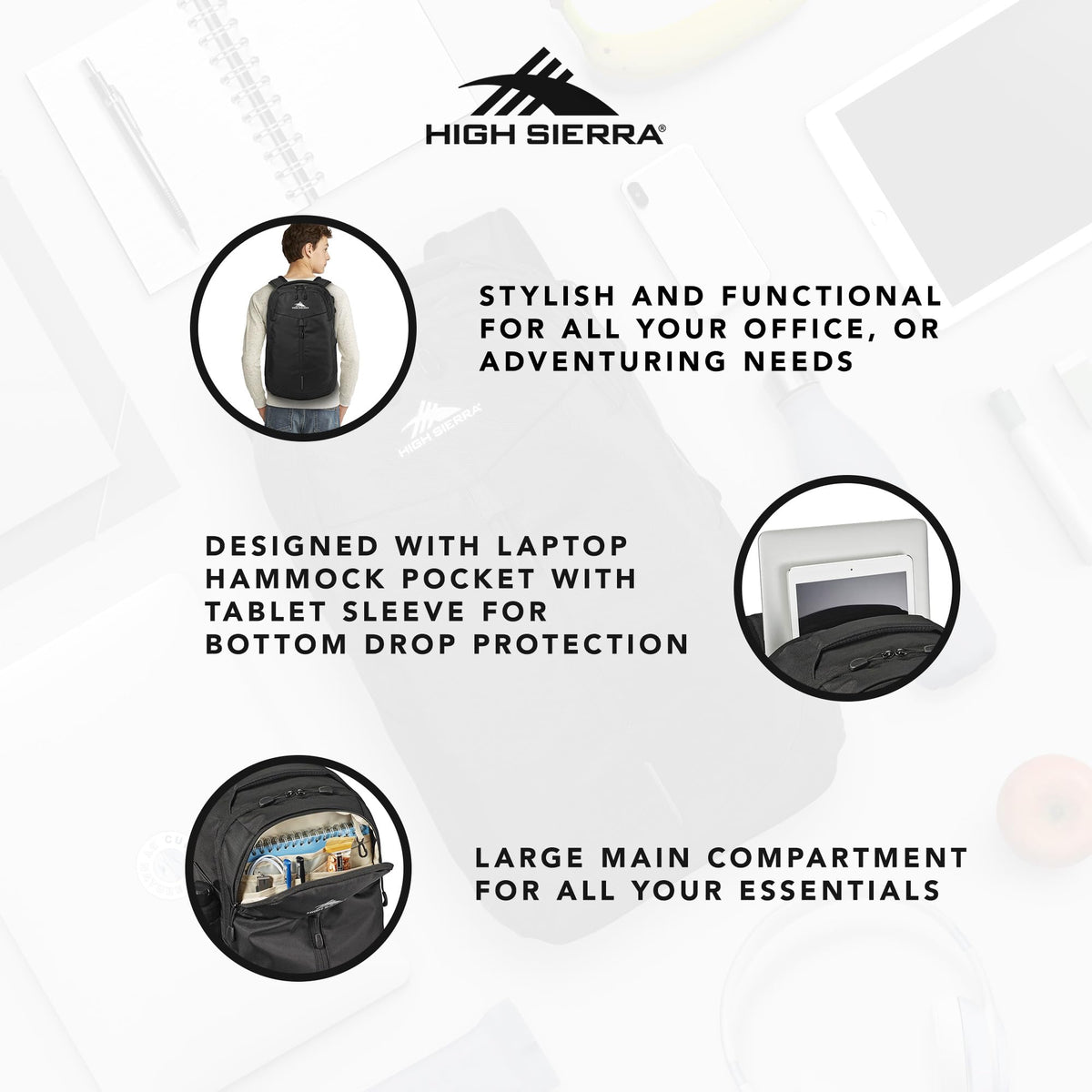High Sierra Swerve Pro Backpack with Laptop Pocket + Tablet Sleeve, Fits most 17” Laptops, 27L, Black