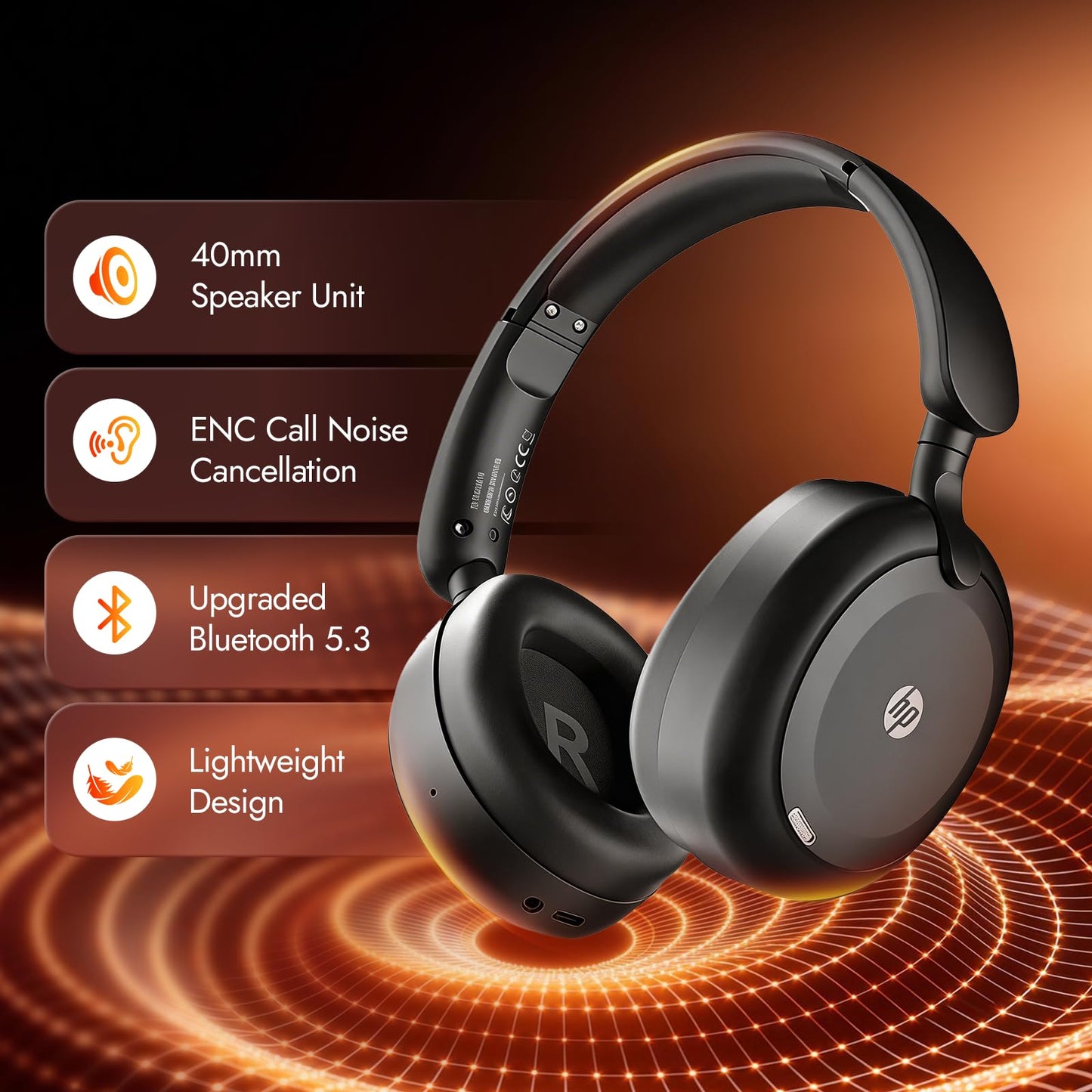 HP H231A Bluetooth Noise Cancelling Over-Ear Headphones with 54H Battery, Built-in Mic for Calls, Lightweight Wireless Headset for Work, Travel