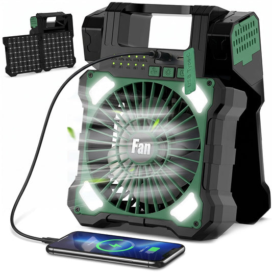 Maraiss 22000mAh Camping Solar Fan, Dual-Panel Rechargeable Solar Powered Fan with LED Light, 5 Adjustable Speeds Battery Powered Portable Fans, USB-C