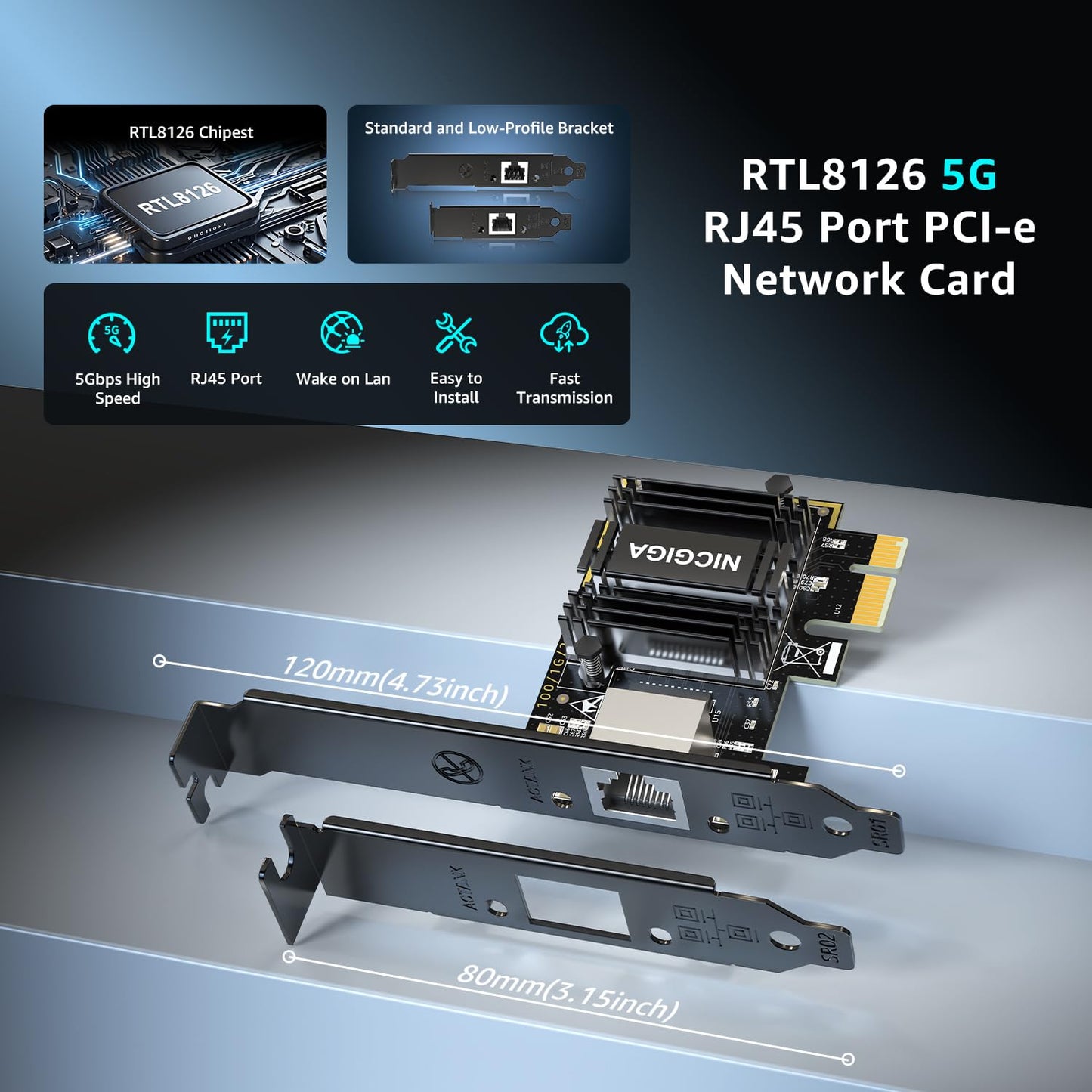 5Gb Base-T Network Card, Realtek RTL8126 Controller, NICGIGA 5G PCIe Ethernet Adapter Support WOL, 5Gbe RJ45 Port NIC Card, Windows10/11/Windows