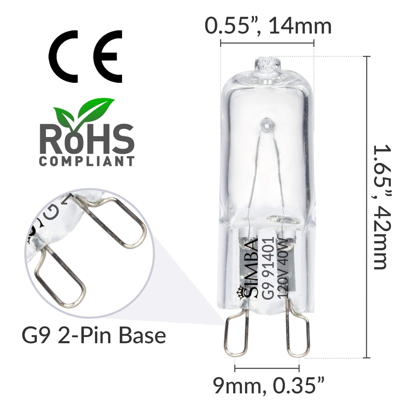 Simba Lighting Halogen Light Bulb G9 T4 40W JCD Bi-Pin 120V, 2700K, 10 Pack