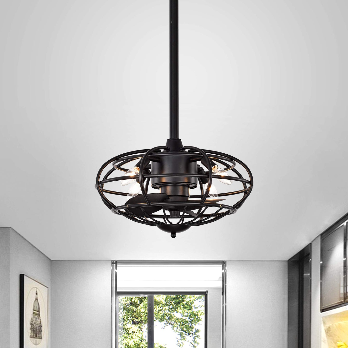 Warehouse of Tiffany CFL-8478S/MB Monti Matte Black 18-Inch 3-Blade Ceiling Fan with Caged Metal Frame (Includes Remote) Ceiling Fan