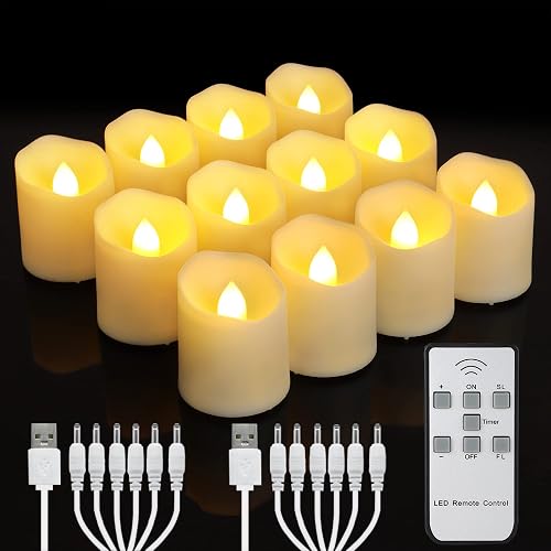 FPOO Rechargeable Flameless Tea Lights Candles with Timer & Remote, 12pcs Flickering LED Votive Candles with 2 USB Charging Cables, Warm White Light