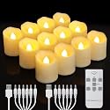 FPOO Rechargeable Flameless Tea Lights Candles with Timer & Remote, 12pcs Flickering LED Votive Candles with 2 USB Charging Cables, Warm White Light