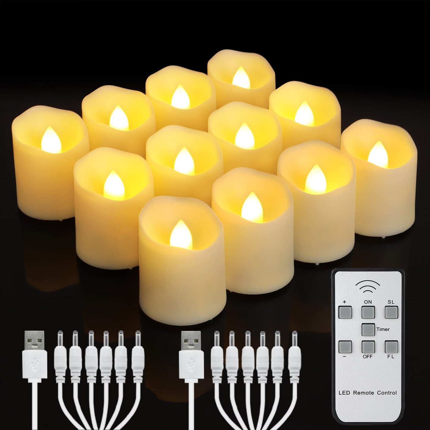 FPOO Rechargeable Flameless Tea Lights Candles with Timer & Remote, 12pcs Flickering LED Votive Candles with 2 USB Charging Cables, Warm White Light