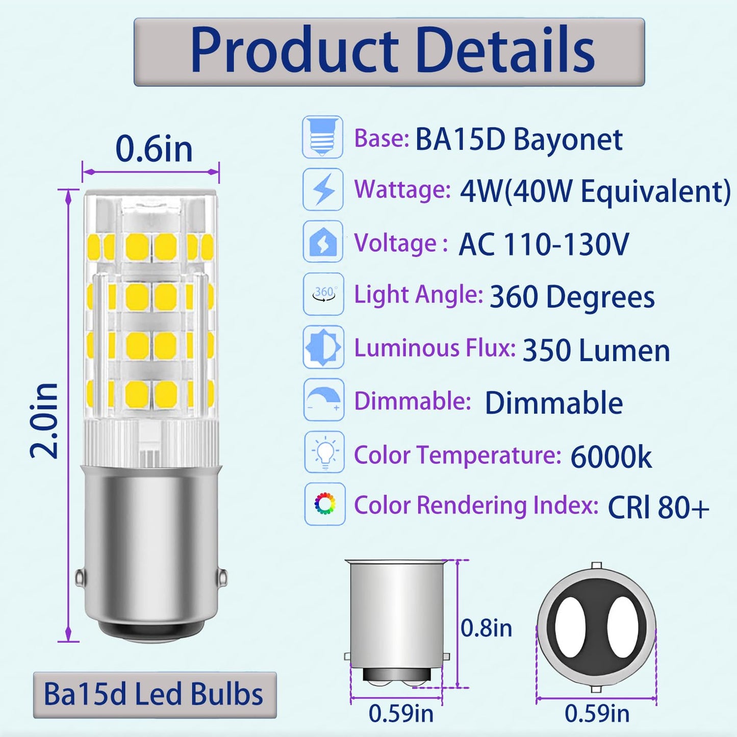 2-Pack BA15D LED Sewing Machine Bulbs,120V 4W 350LM 6000K Daylight White