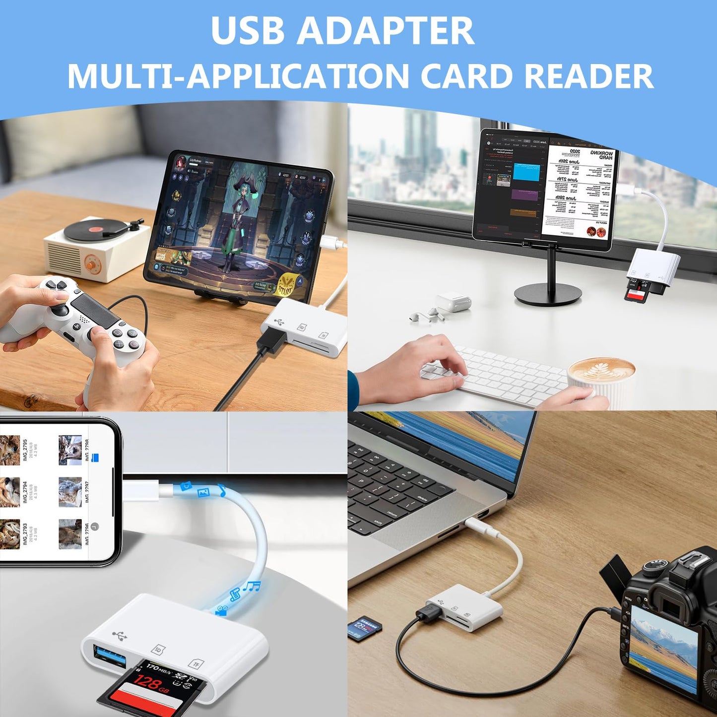 USB C SD Card Reader for iPhone Adapter, 3-in-1 Memory Card Reader Dual Slots with USB Camera Adapter, Digital Camera Adapter iPhone 15/16/17, iPad