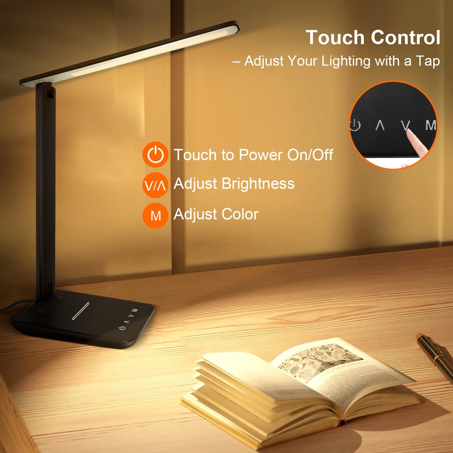 shinelife LED Desk Lamp for Office Home, Bright Desk Light with USB Charging Port, Adjustable Dimmable Desk Lamps 5 Modes 5 Brightness, Touch Study
